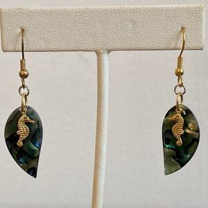 Abalone Tear Drop Gold Tone Seahorse Dangle Earrings